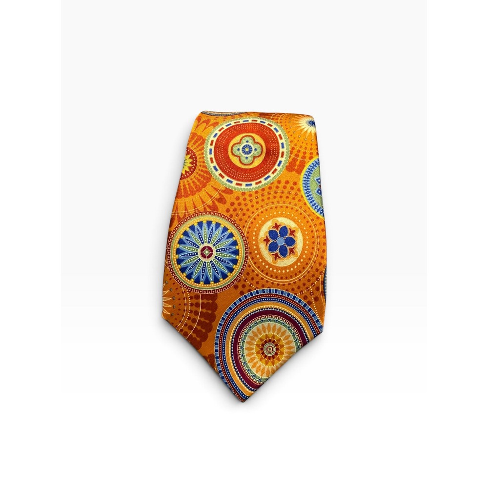 Geoffrey Beene Mens Silk Necktie Orange Blue Geometric Mandala Kaleidoscope Tie